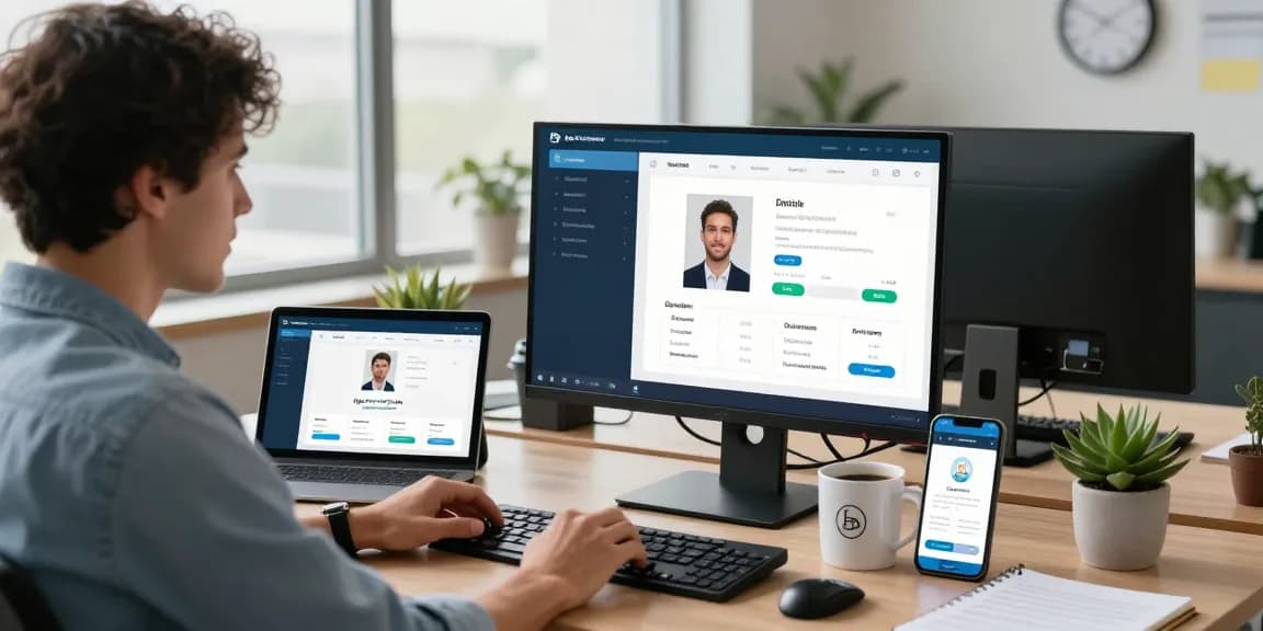 Software engineer showcasing an age verification system dashboard in a modern tech office.