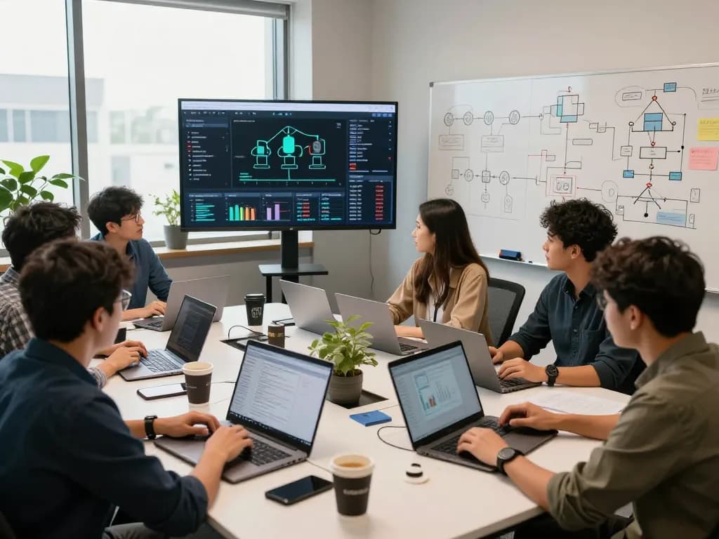 Team collaborating on a digital asset mining platform project in a vibrant tech office.
