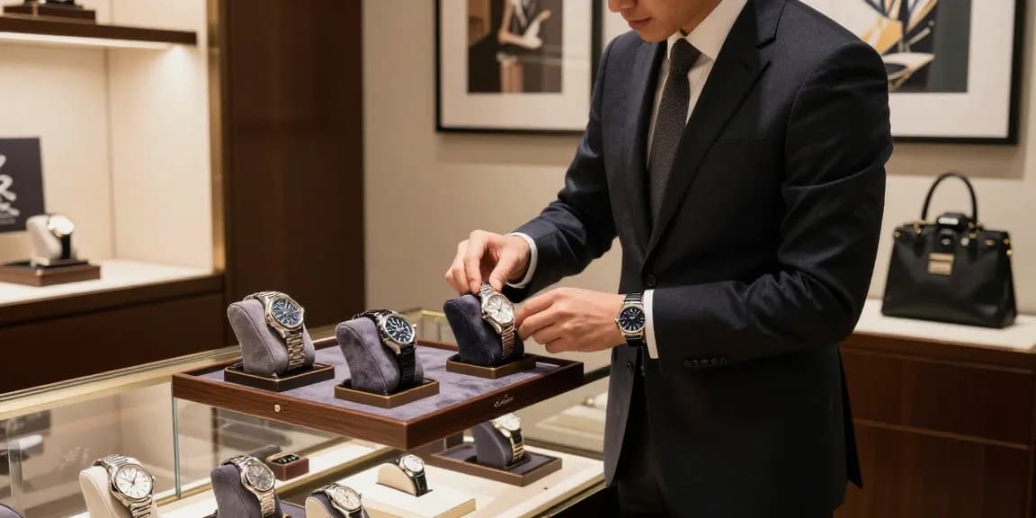 Examine a luxurious replica watch in a boutique showcasing elegance and style