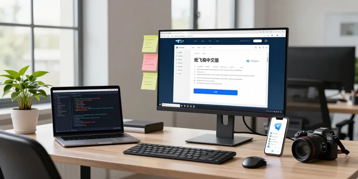An organized tech workspace featuring the 纸飞机中文版 app on monitor, showcasing productivity in communication.