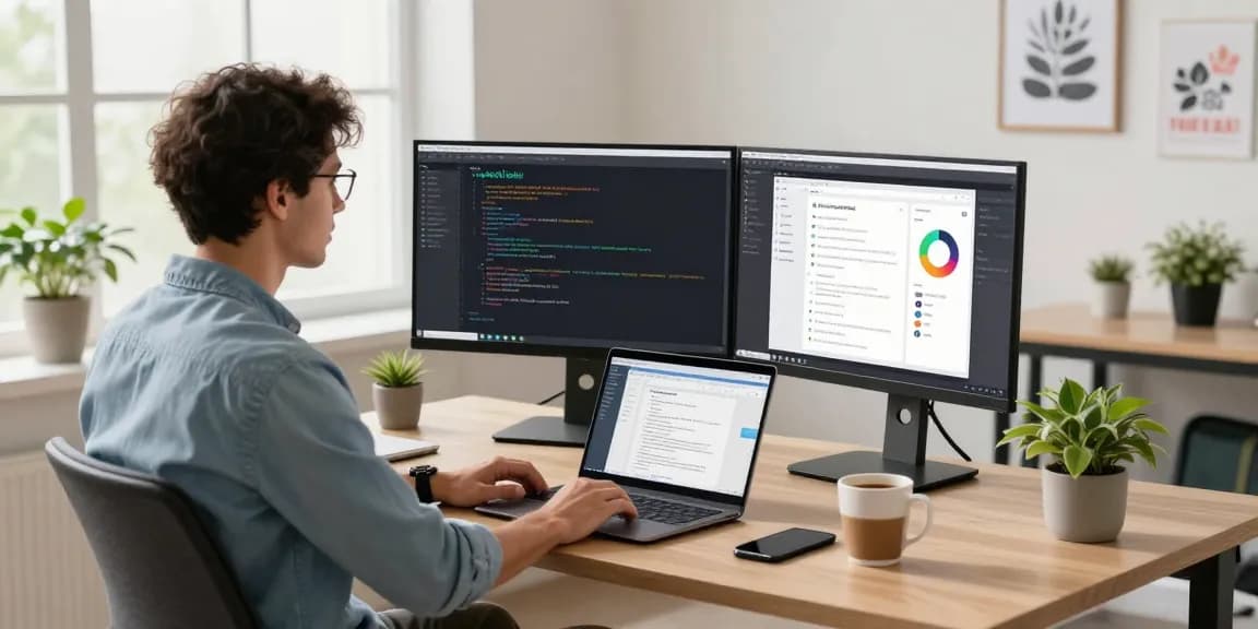Mobile app development course online at a vibrant workspace with a developer coding in Kotlin.