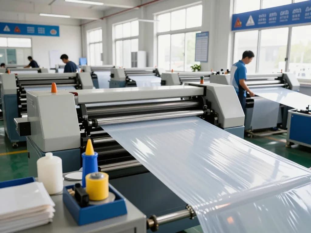 Bóc giấy ép plastic hà nội production scene with skilled workers handling advanced laminating machines in bright manufacturing facility.