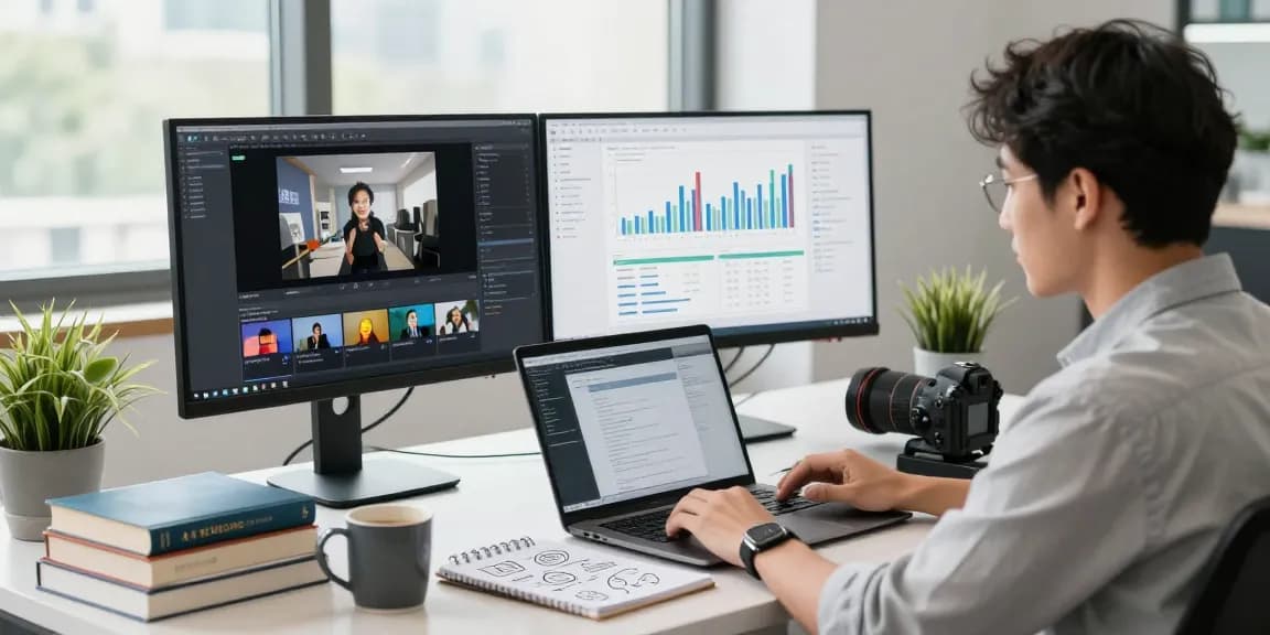 AI image detector in action with a data analyst reviewing flagged content and moderation metrics in a modern office.