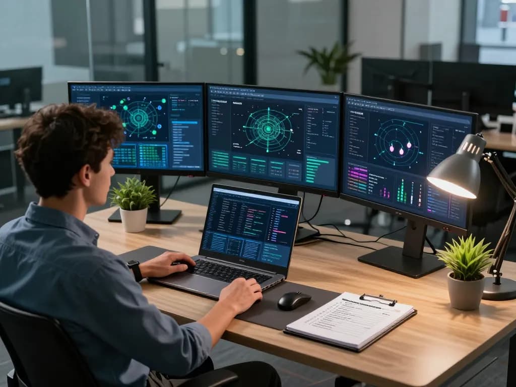 Cybersecurity analyst addressing security challenges with multiple monitors in a modern office.