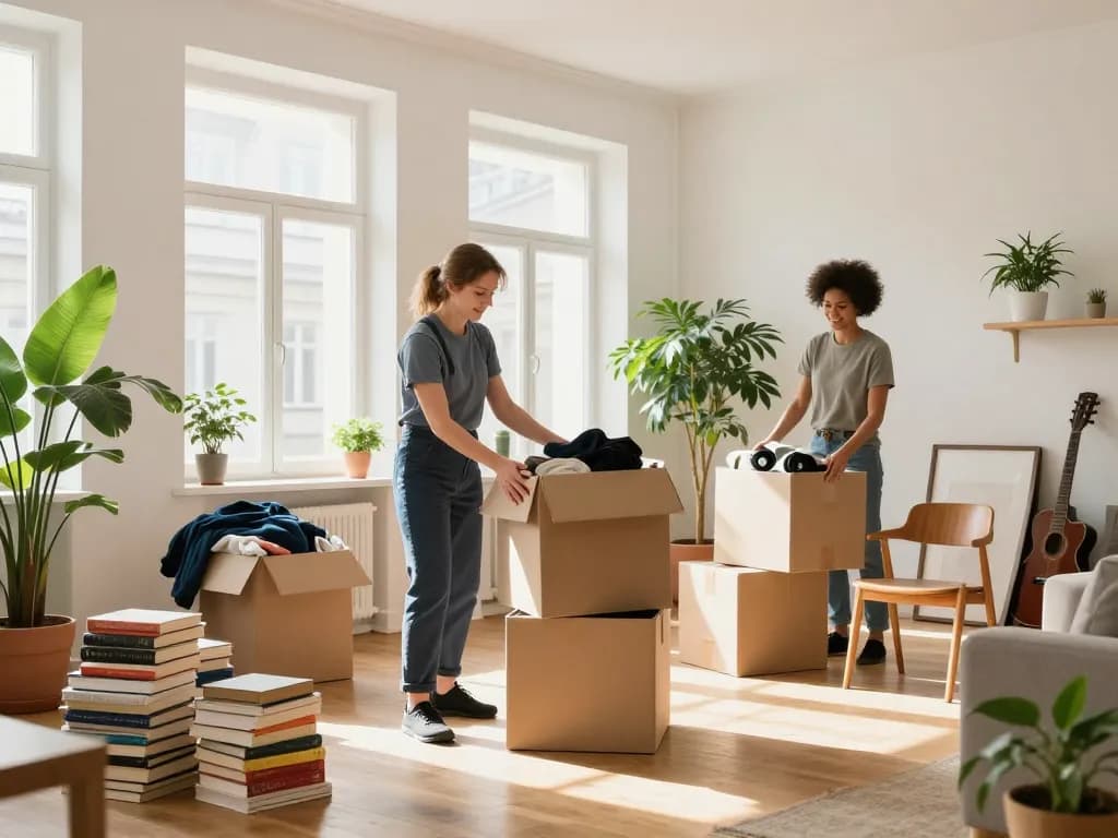 Entrümpelung Wien professioneller Entrümpelungsexperte organisiert Unordnung in einer hellen Wohnung.