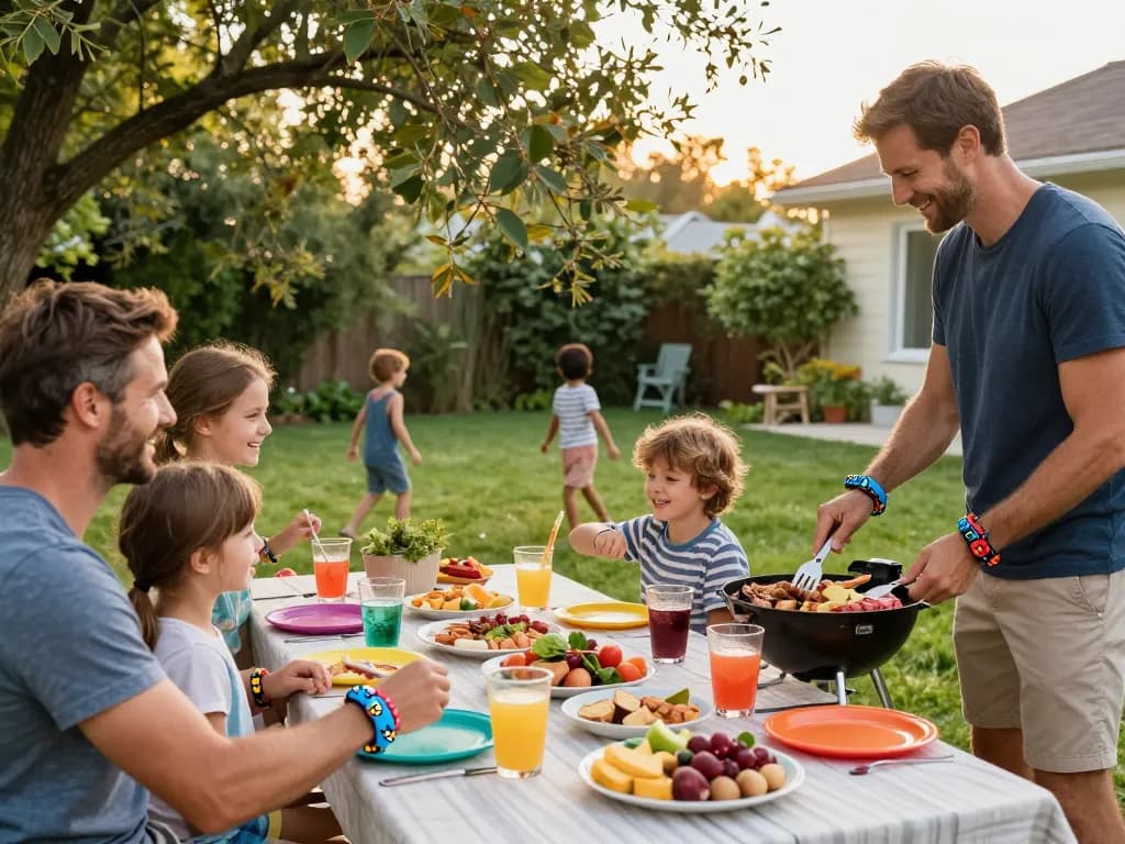 Family using the Best Mosquito Repellent bracelets during a backyard barbecue gathering.