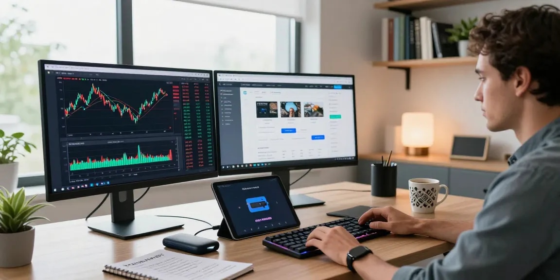 Trusted cloud mining company workspace with monitors displaying crypto charts and digital wallet details, emphasizing technology and security.