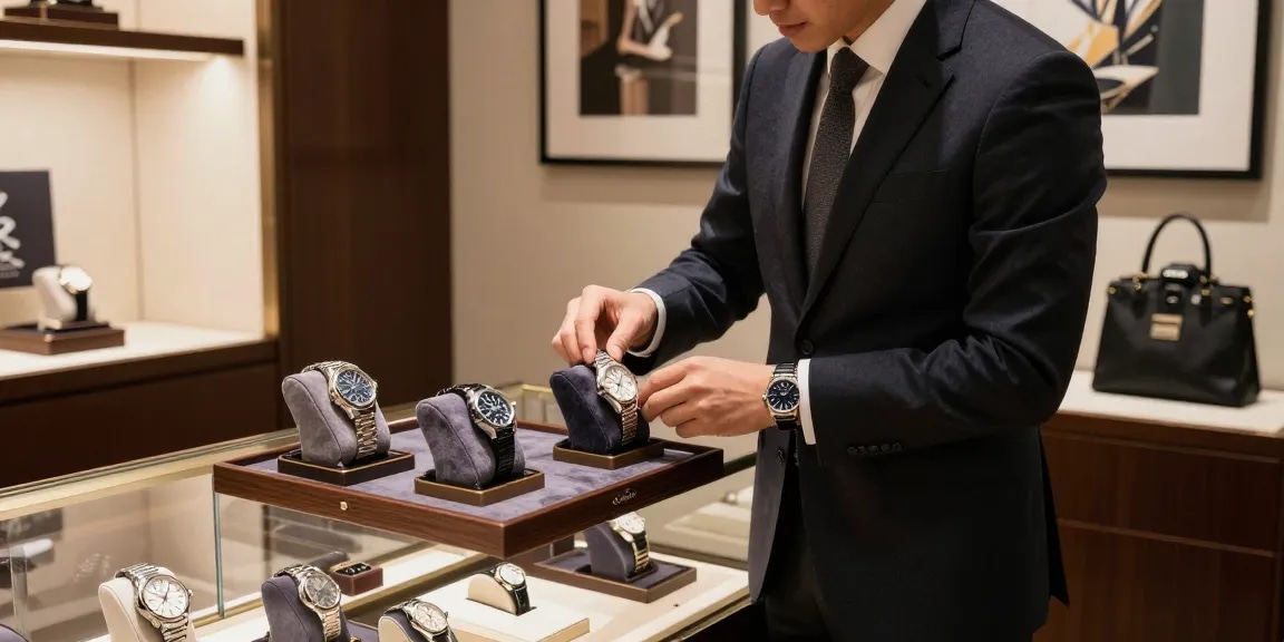 Examine a luxurious replica watch in a boutique showcasing elegance and style