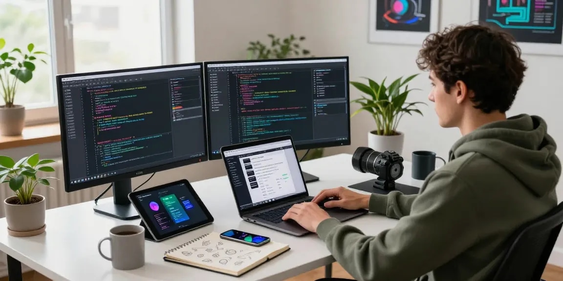 Developer's workspace with code displaying on multiple monitors and a laptop, showcasing the innovative spirit of teiegramin.com.