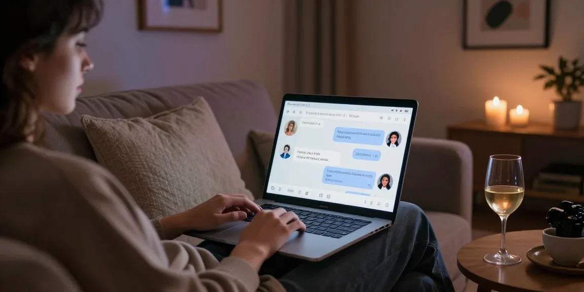 AI NSFW chat scene with user engaging on laptop in intimate setting surrounded by cozy decor.