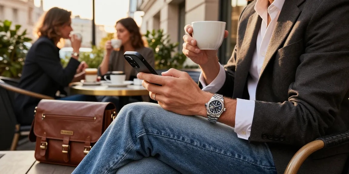 Stylish individual showcasing rolex super clone watches at a chic café, highlighting luxury lifestyle.