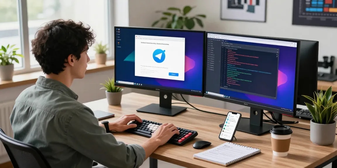 Developer using the telegram chinese telegram app in a modern office.