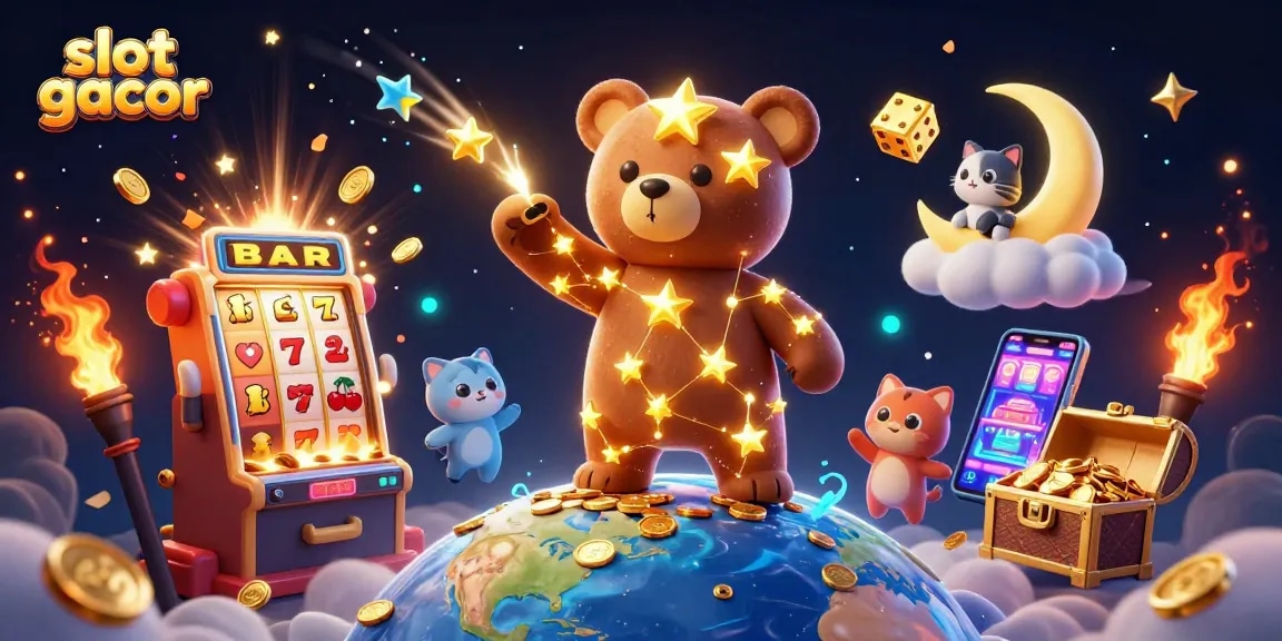 Bermain slot gacor di kasino virtual dikelilingi oleh simbol keberuntungan dan harta karun mengagumkan.