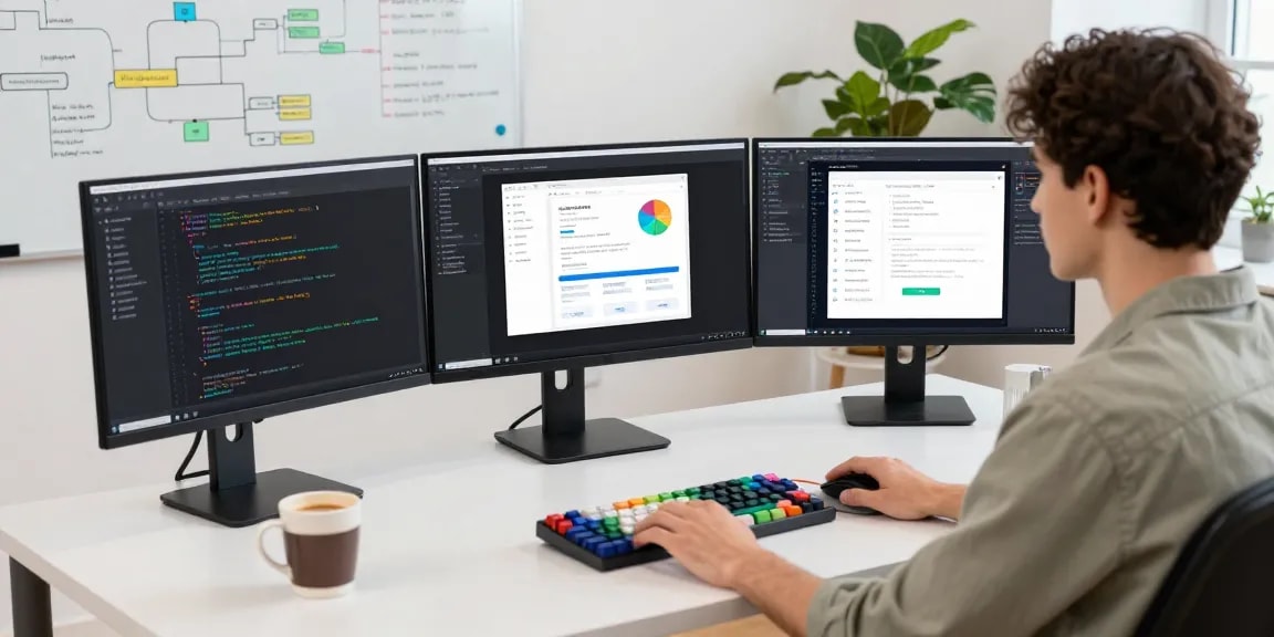 Developer coding at modern workspace with telegramin-cn.com interface displayed on multiple screens.