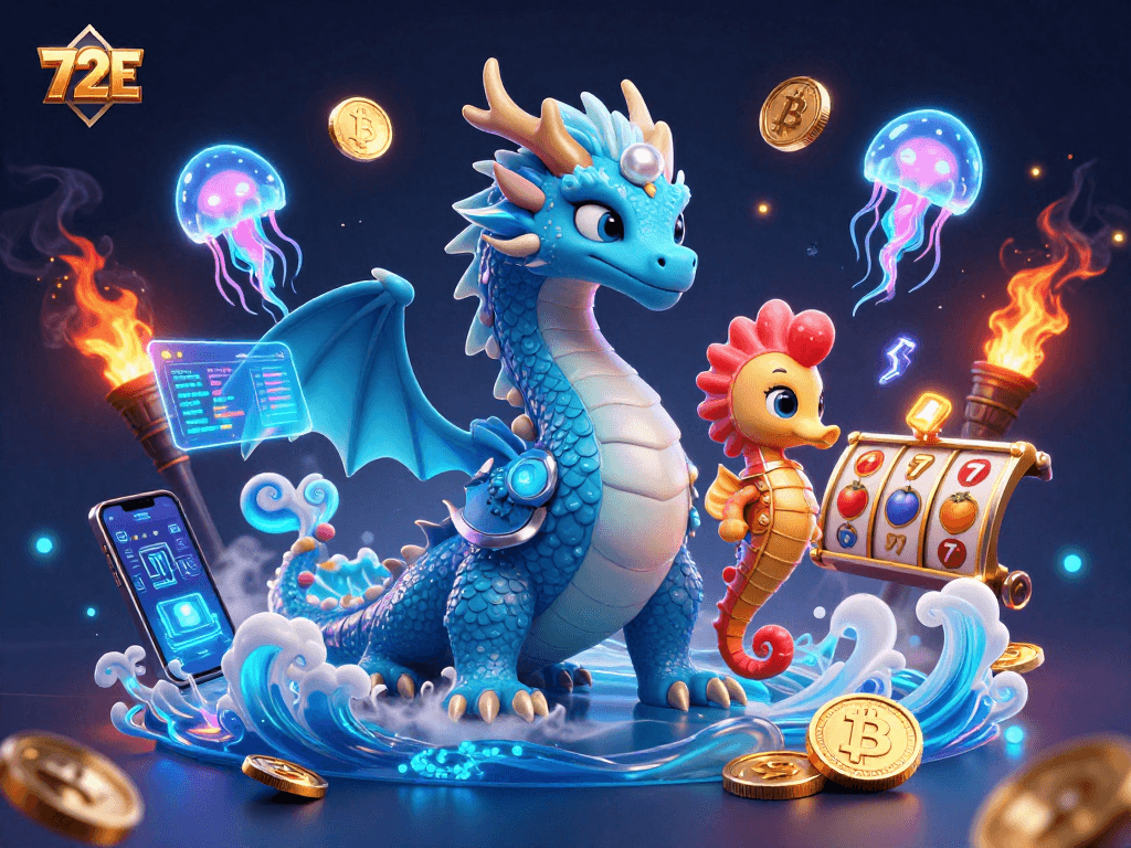 Ilustrações de 72E com dragão de água e elementos de cassino, promovendo o jogo responsável.