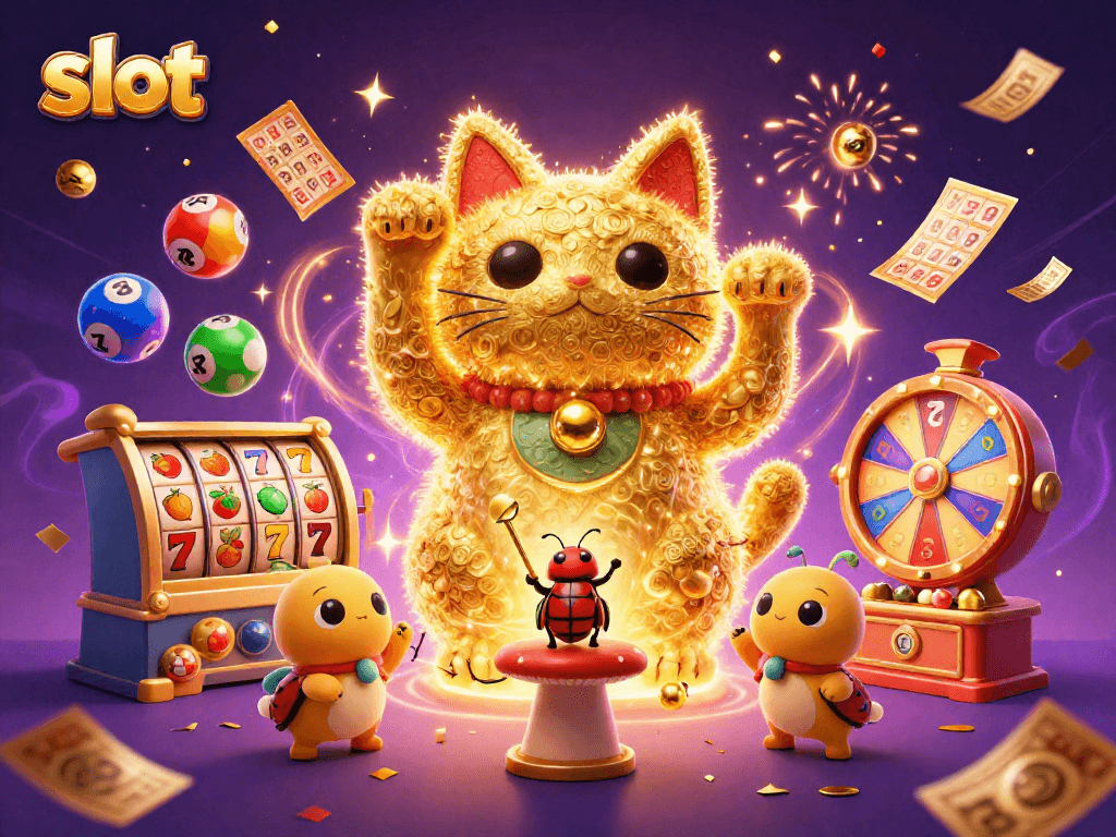 Experience the thrill of slot gaming with a dynamic lucky cat and casino symbols.