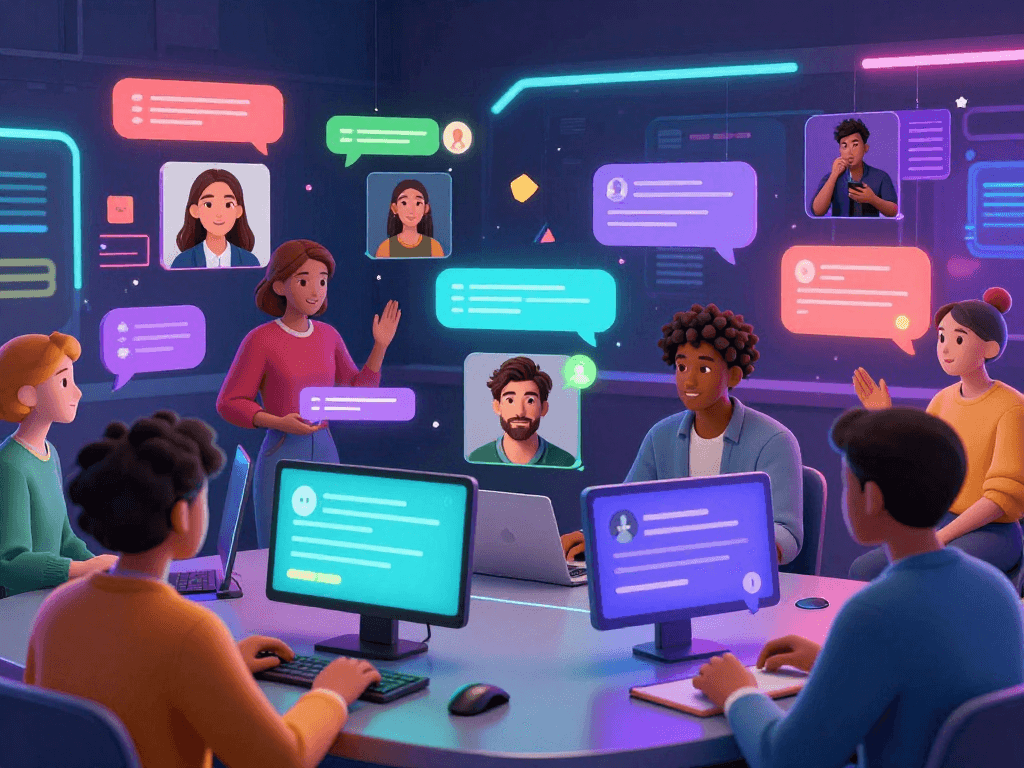 Engaging scene featuring diverse avatars in a lively porn chat AI environment showcasing dynamic interactions and high-tech visuals.
