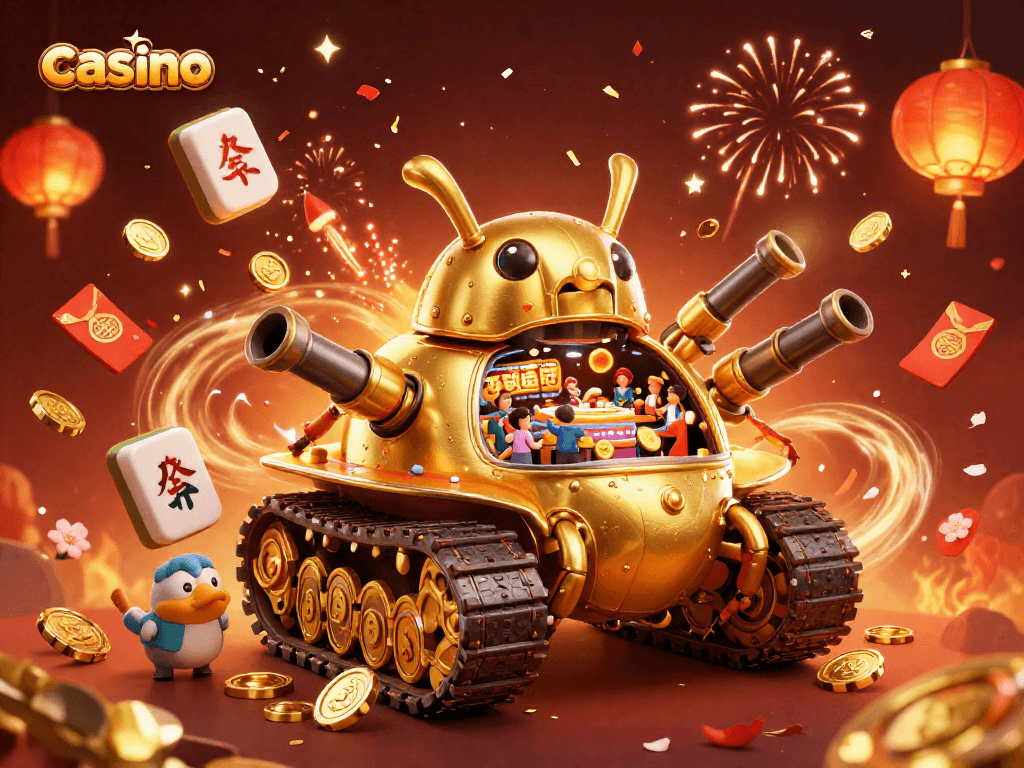 Experience the excitement of a casino inside a massive beetle tank, celebrating with confetti and fireworks.