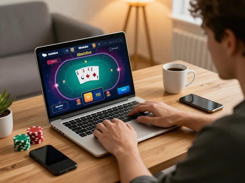 A player enjoying an online poker game on 98winlive with a laptop and coffee nearby