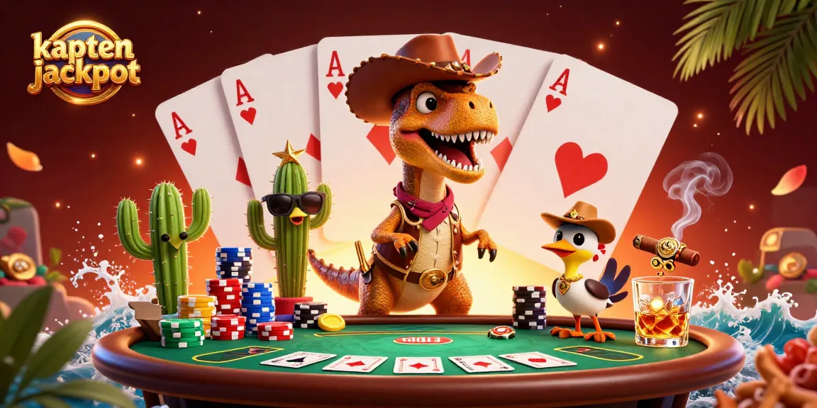 Experience the excitement of kaptenjackpot with a dynamic poker scene featuring cartoon characters.