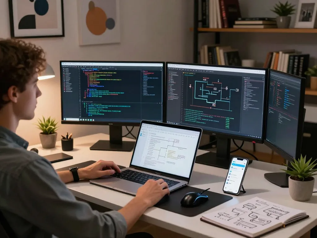Moltbot AI workspace with engineer coding, multiple monitors, and creative notes.