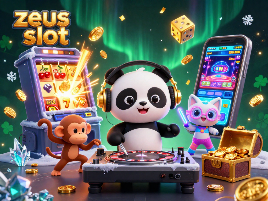 Engage with zeus slot gameplay through a vibrant 3D casino illustration featuring a DJ panda and monkey dancers.
