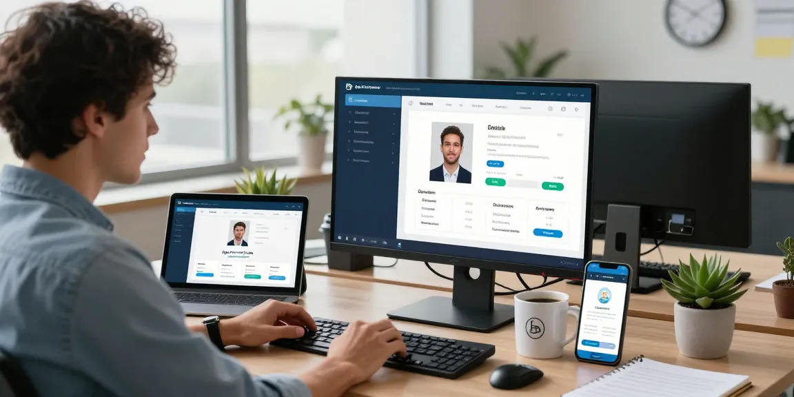 Software engineer showcasing an age verification system dashboard in a modern tech office.