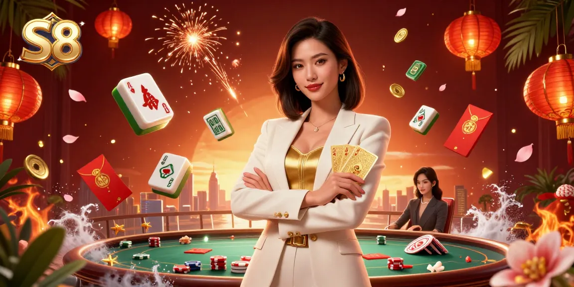 S8 casino scene featuring a glamorous Asian woman with cards, surrounded by vibrant gambling elements.