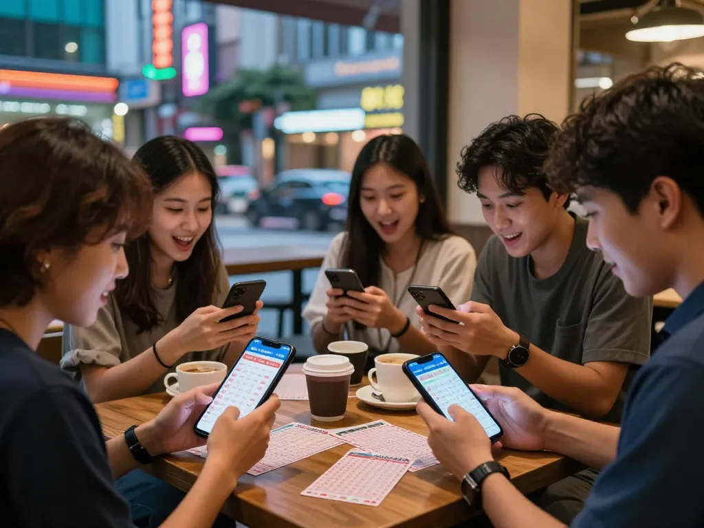 People excitedly sharing Data HK lottery results in an urban café.