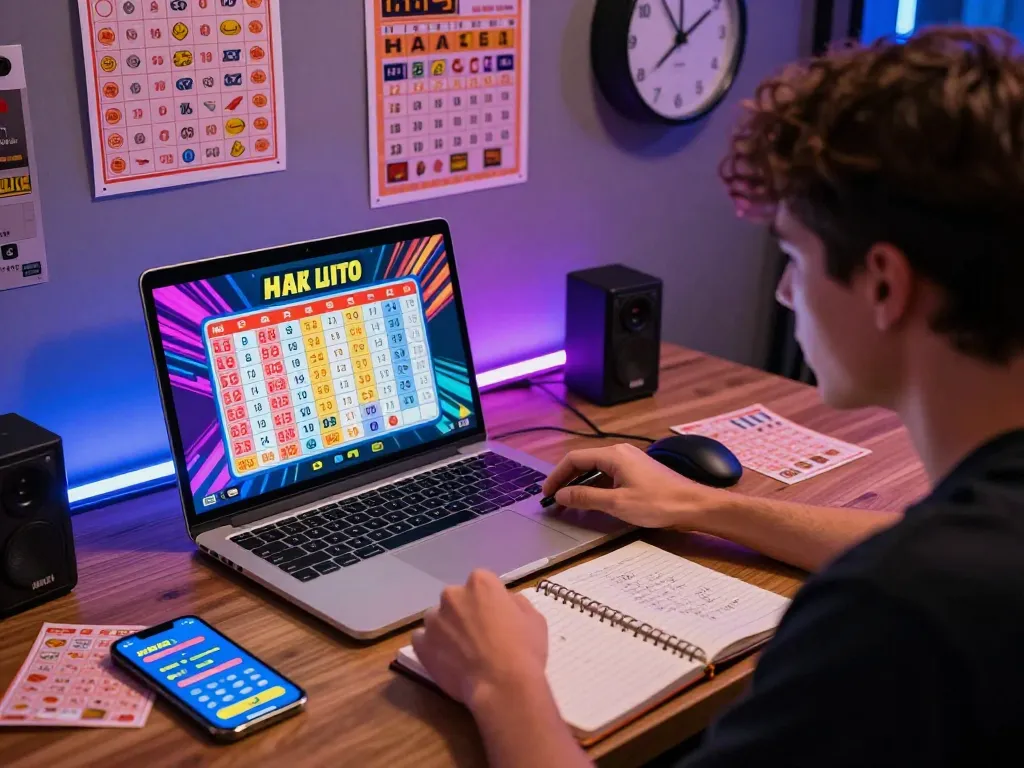 Engaged bettor analyzing Data HK live draw results in a vibrant gaming setup.