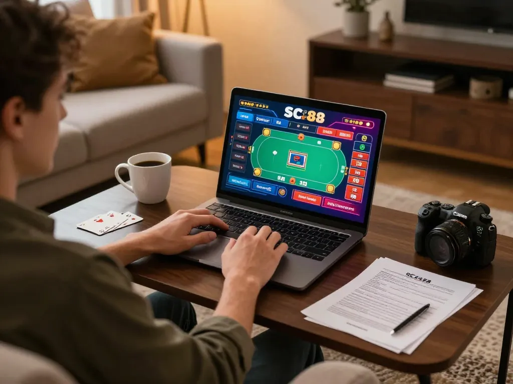 Engaging in SC88 online poker gameplay from a cozy home setup, showcasing strategic notes