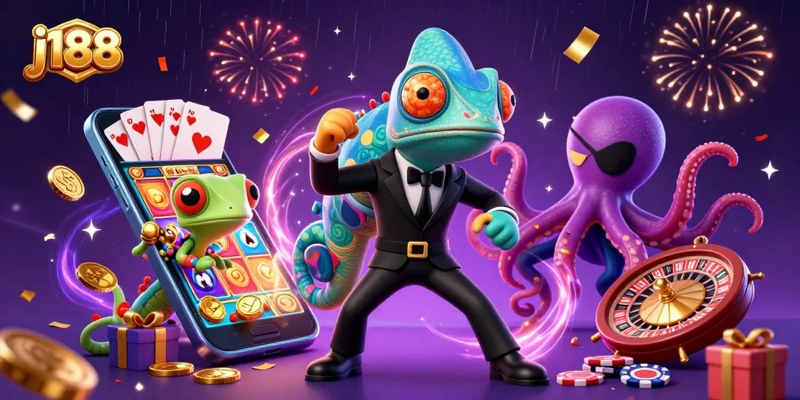 Engage in thrilling games at j188, featuring a colorful slot game, gaming elements, and dynamic characters.