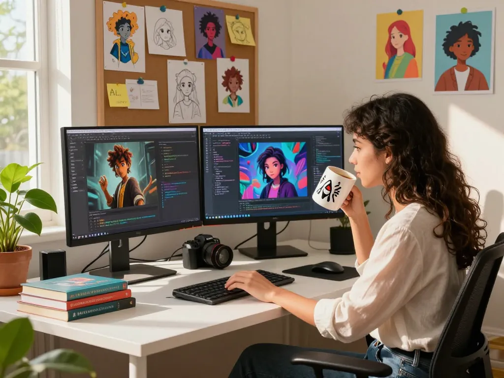 Engaging workspace scene showcasing AI character creation, emphasizing crush on ai.