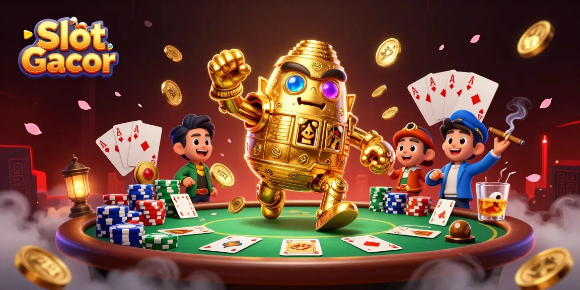 Experience the excitement of Slot Gacor with dynamic 3D illustration showcasing lively casino elements and characters.