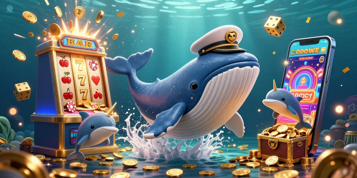 Agen Resmi highlights a thrilling underwater casino scene with a captain whale, glowing slot machines, and cheerful dolphins.
