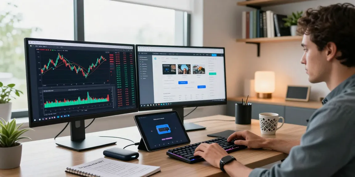 Trusted cloud mining company workspace with monitors displaying crypto charts and digital wallet details, emphasizing technology and security.