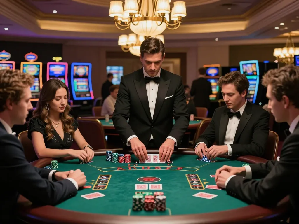 Experience dynamic gameplay at ta88 blackjack table, players engaging in strategic betting under warm casino lighting