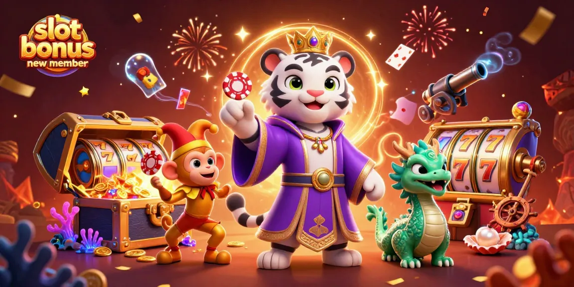 Engage with the slot bonus new member offers featuring a vibrant 3D casino scene with dynamic characters and game elements.
