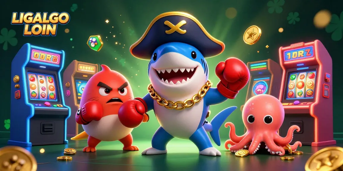 LIGALGO LOGIN showcases a vibrant casino scene with a pirate shark, a pufferfish, and an octopus, amidst interactive slot machines.