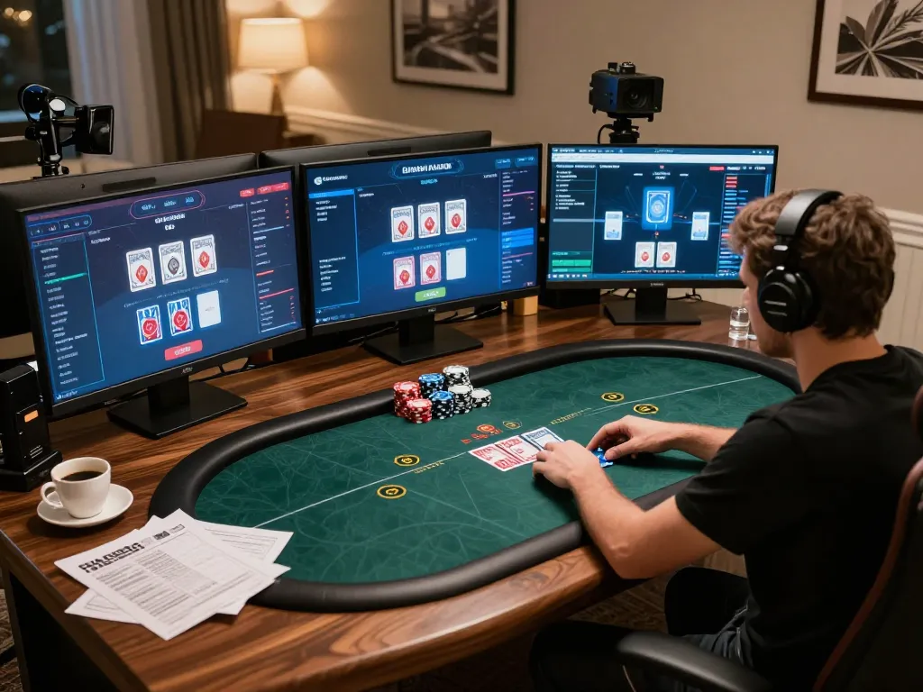 Engaging in a thrilling online poker game with Sunwin, showcasing player focus and strategy in a luxurious setting.