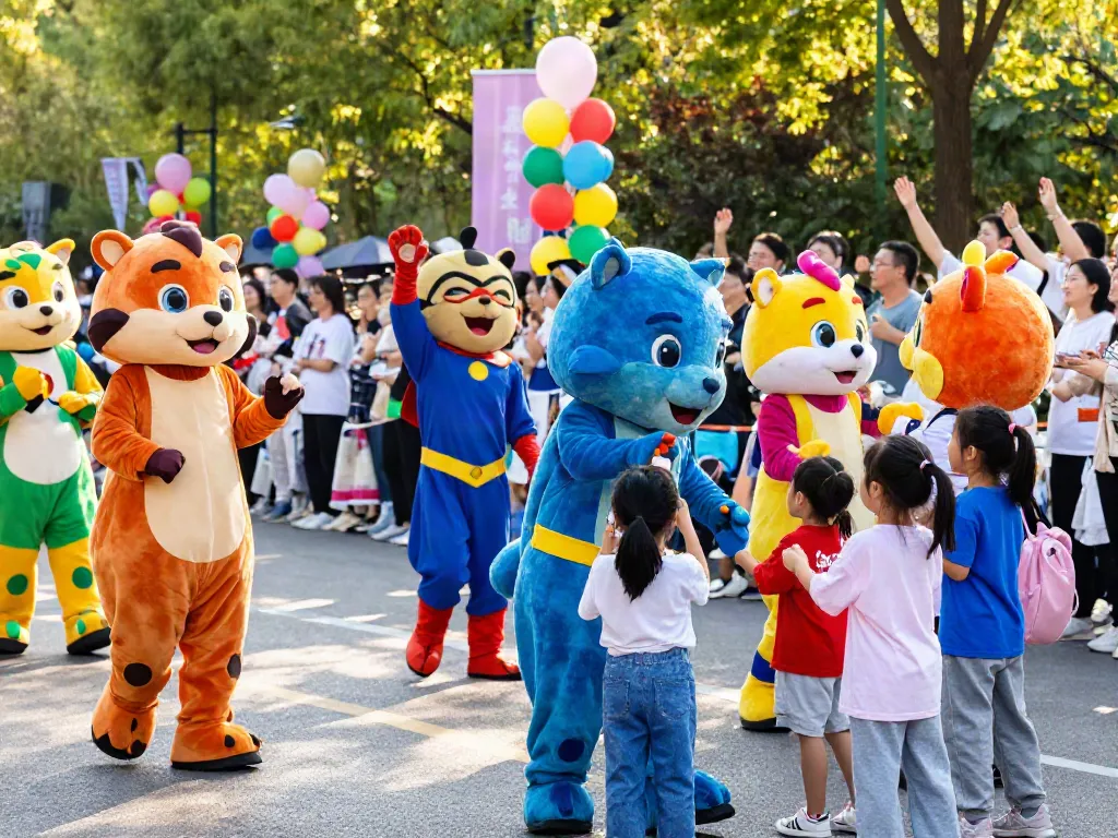 Mascot costumes parade with vibrant characters bringing joy to children and adults at a festive outdoor event.