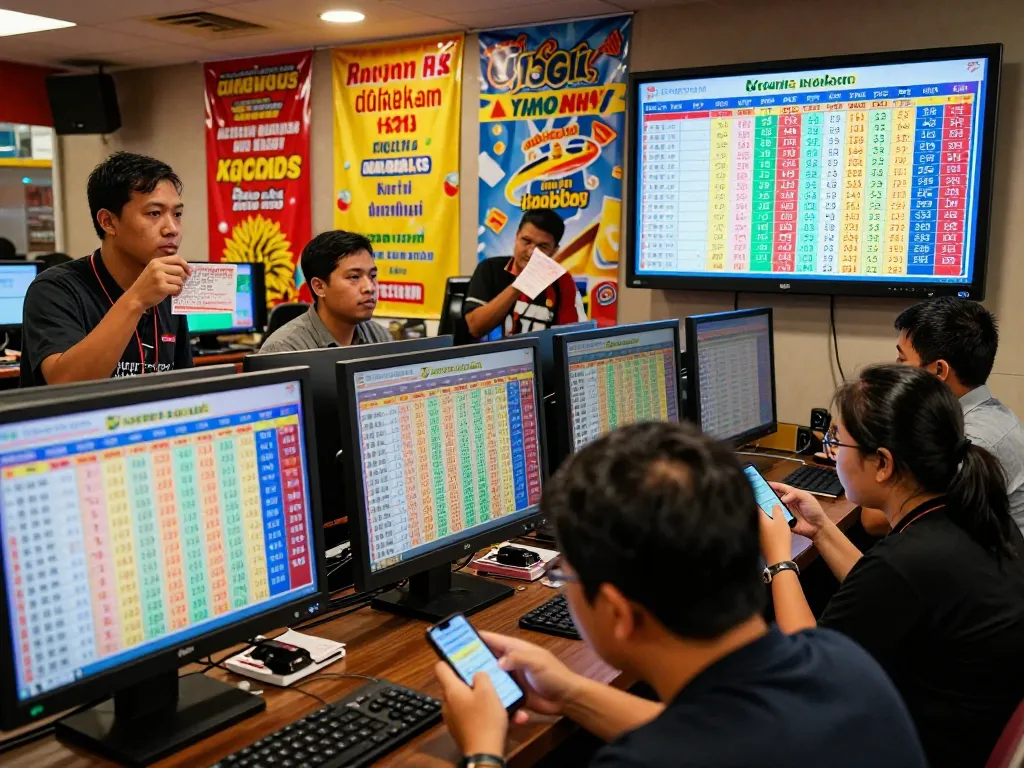 Excited Togel Hongkong players reviewing Data HK results in a lively gaming center.