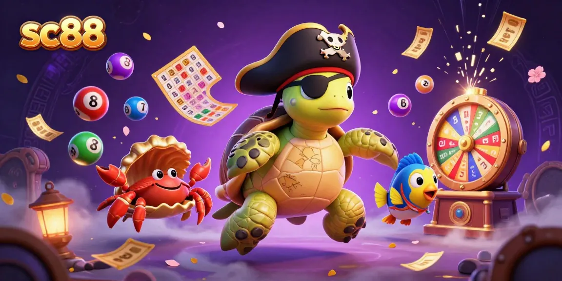 Engage with sc88's vibrant lottery scene featuring a pirate turtle and colorful game elements.