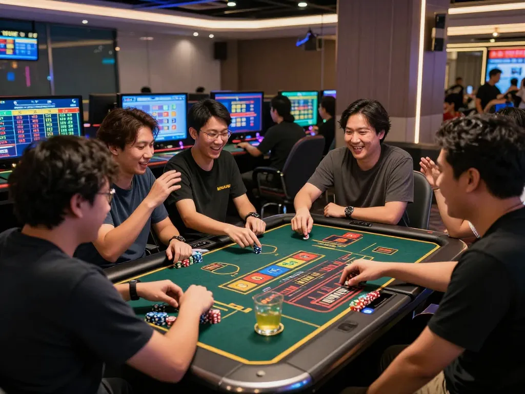 Friends enjoying Togel Hongkong at a modern gaming lounge, featuring live Data HK results.