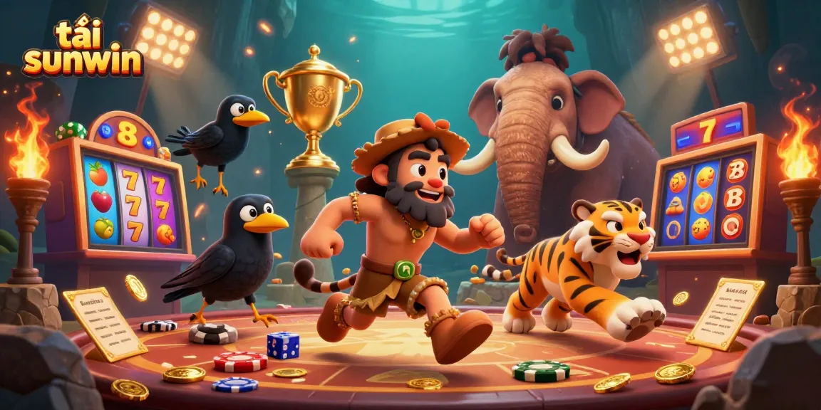 Tải sunwin in an engaging prehistoric casino scene with cartoon characters and dynamic slot machines.