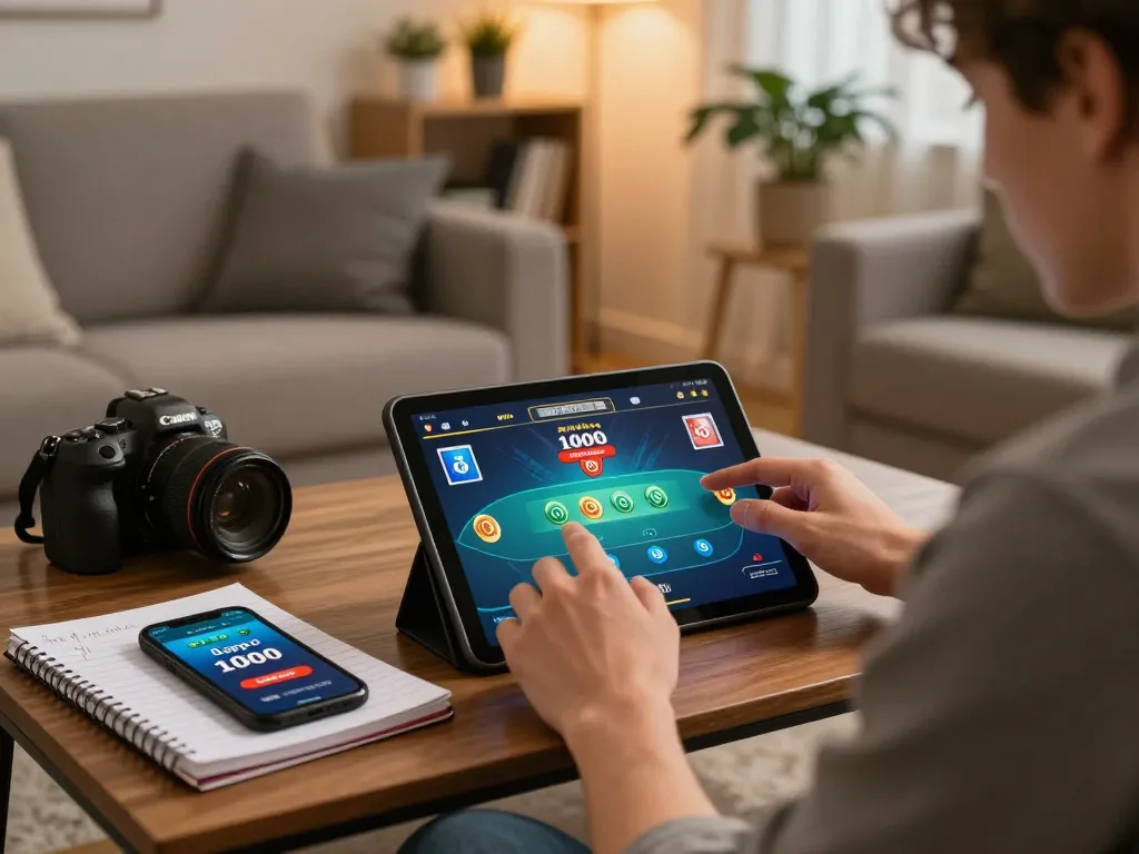 Playing poker through slot depo 1000 app on a tablet, showing gameplay in stylish home setting.