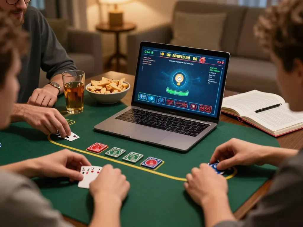 Pemain menikmati blackjack online di rumah dengan Bintangmpo, memasang taruhan dan merencanakan strategi.