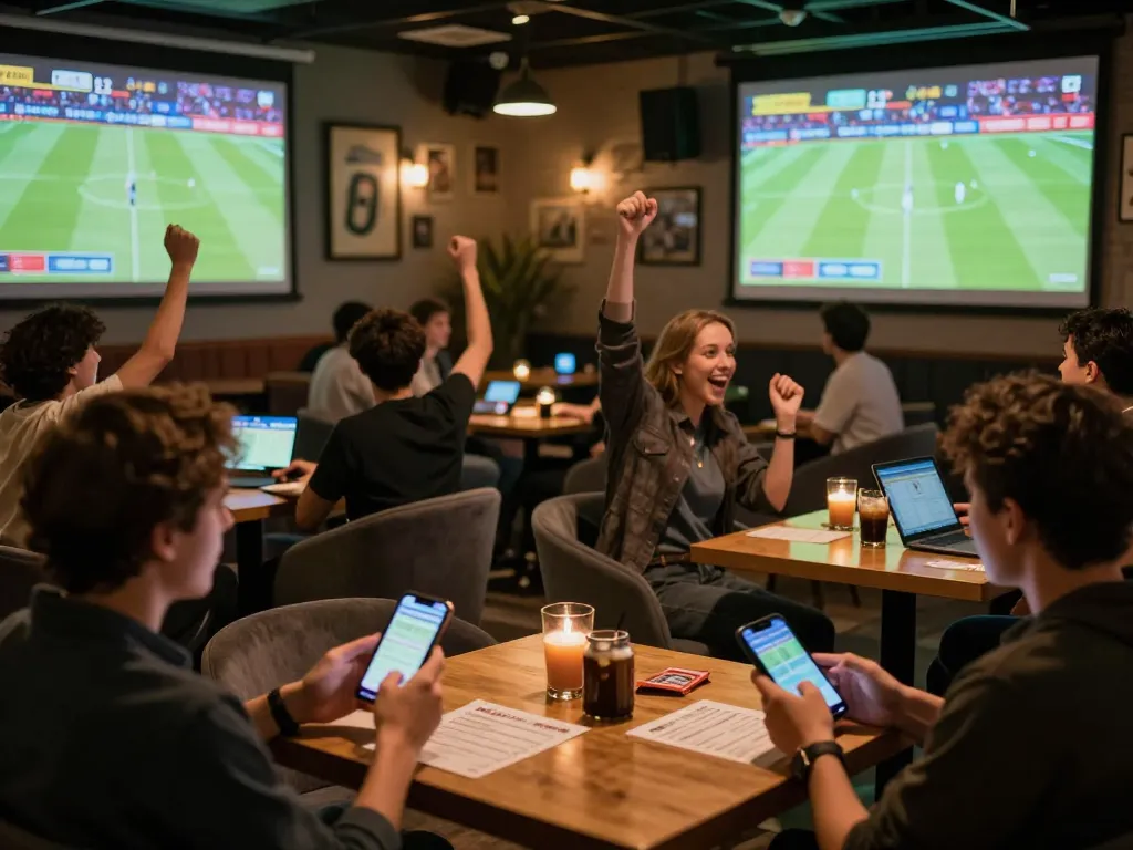 lu88 sports betting scene with fans celebrating while placing bets on mobile devices