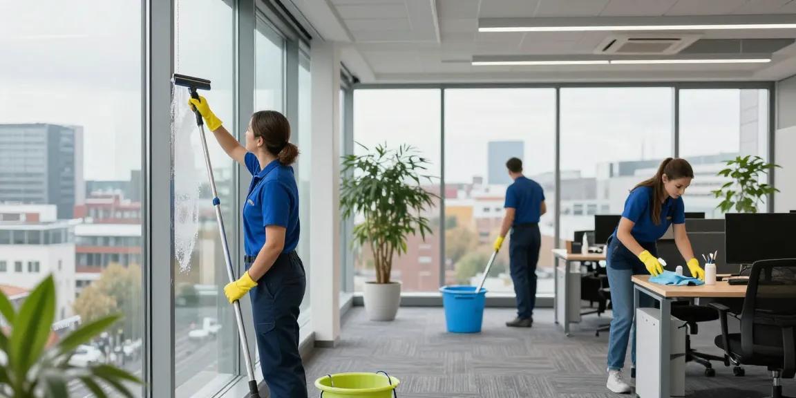 Professionelle Reinigungsfirma Dortmund bei der Büroreinigung in modernem Büro mit Fensterreinigung und Bodenpflege.