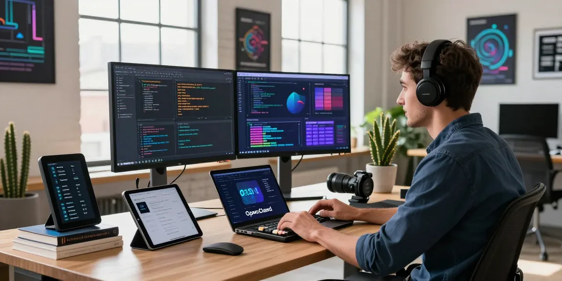 Engineer coding with OpenClawd on dual monitors in a dynamic tech workspace.